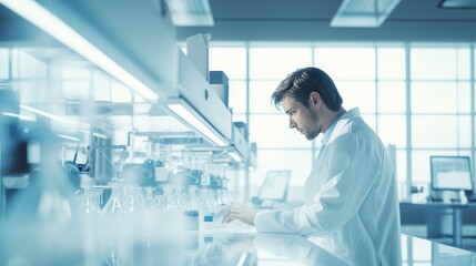 Naklejka na ściany i meble Lab technician working in a white bright laboratory