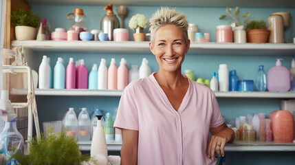 Harmony in Cleaning": A graceful woman finds joy in tidying her space.
