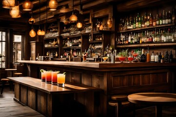 A rustic wooden bar counter with a row of classic cocktails, showcasing timeless mixology.