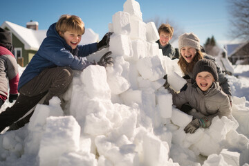 Children building a snow fort - obrazy, fototapety, plakaty