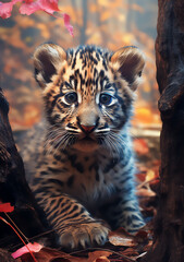 Mesmerizing Gaze of a Baby Tiger (Panthera tigris) Surrounded by Autumn Trees - Nature's Vibrant Beauty and Majestic Wilderness. Generative AI.