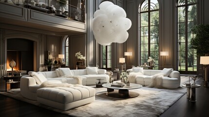 The modern interior design of a luxury apartment's living room includes a white sofa, round armchairs, an accent coffee table, and a chandelier, creating an opulent home atmosphere with a furry rug