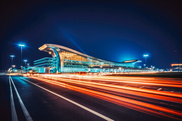 Fototapeta premium Airport travel at night. Lights trails at airport fast motion.
