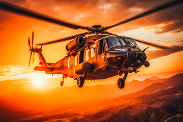 Military rescue helicopter during sunset. Air rescue. Helicopter for rescue.