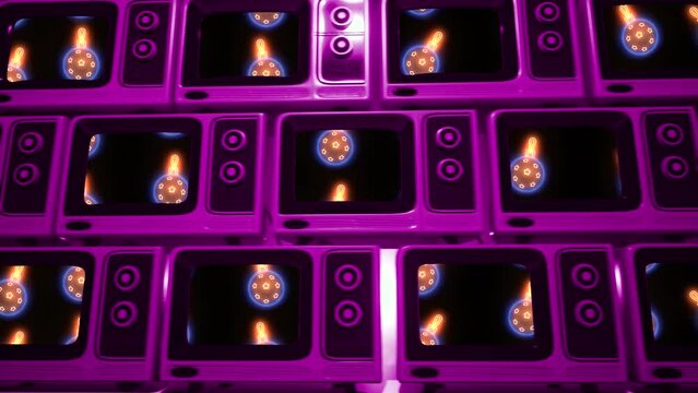 big wall with televisions pattern and christmas animation play in tv screen frame. Retro vintage holiday decoration background