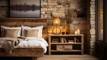 Vintage wooden bedside cabinet near a wooden bed, featuring farmhouse interior design of a modern bedroom