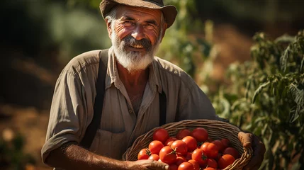 Fotobehang Old senior aged greek farmer wearing traditional outfit and hat, holding a tomato basket in hands © Nimal