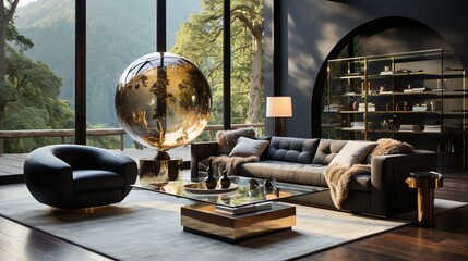 Witness Hollywood glam style interior design in a modern living room with black sofas and golden accent tables