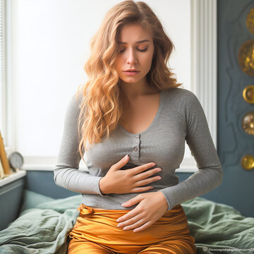 woman with perod pain holds her hands protecting over her stomach 