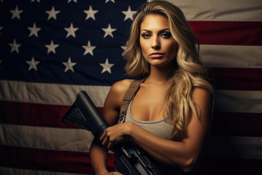 Portrait of man holding a gun with US flag in the background - Powered by Adobe