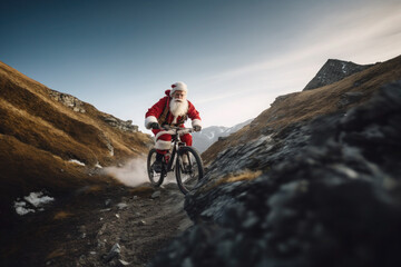 Santa Claus on a bike in the mountains. active pension and sports. merry christmas and new year. generative ai, ai - obrazy, fototapety, plakaty