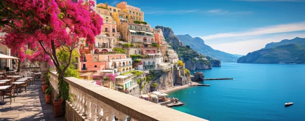 Photo sur Plexiglas Bleu Jeans Panoramic view of  Amalfi coast on hills with flowers and sea, Campania, Italy. Generative ai