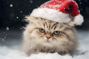 Persian cat with Santa Claus Christmas hat in snow
