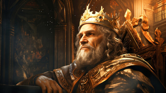 Illustration of King David sitting on his throne reflecting the past of his life and trusting in God Generative AI