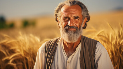 Old senior aged greek farmer standing in her wheat field wearing traditional outfit - obrazy, fototapety, plakaty