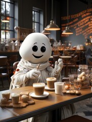 Cartoon ghost in white sheet drinks cocoa alone in a coffee shop on Halloween. AI