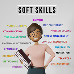 Soft Skills 3D rendering infographic. Young woman employee character Empathy Teamwork Problem Solving Time Management Leadership Emotional Intelligence Networking Communication Adaptability Creativity