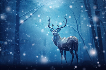 A deer wandering through a winter wonderland, with an array of shimmering, ethereal lights floating around, illuminating the frosty landscape