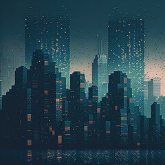 digital illustration of a city skyline at night. The image is in a dark blue color palette with orange and white accents. The buildings are tall and have a futuristic design with many windows. - obrazy, fototapety, plakaty