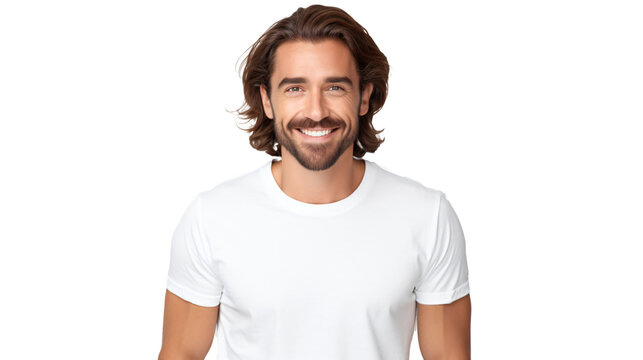 portrait of a 30 year old attractive man with long hair and beard isolated against transparent background