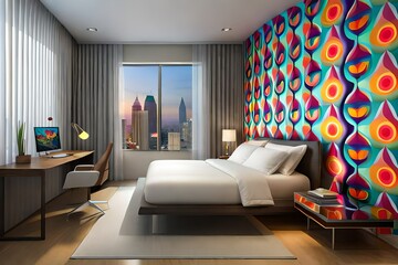 A retro-inspired bedroom with a psychedelic wallpaper pattern and lava lamps casting colorful glows.