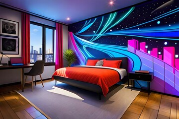A teenager's bedroom with neon-colored graffiti art covering the walls, illuminated by blacklight.