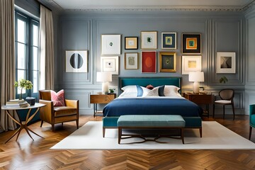 An eclectic bedroom with mismatched, hand-painted furniture and a gallery wall of vibrant abstract art.