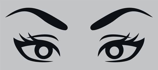 Eyes with eyebrows. Black silhouette. Vector on gray background