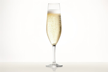 An elegant glass flute filled with bubbly champagne, with effervescent bubbles rising to the top, on white background