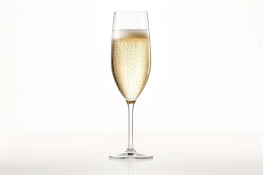 An elegant glass flute filled with bubbly champagne, with effervescent bubbles rising to the top, on white background