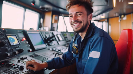 Joyful 20-Year-Old Captain Navigating a Modern Freight Ship - obrazy, fototapety, plakaty