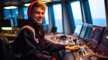 Young Ship's Captain Guiding a Contemporary Cargo Vessel