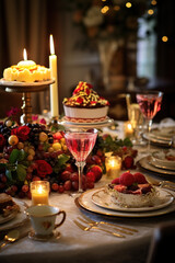 Naklejka premium An elegant table setting prepared for a festive holiday dinner, with glittering decorations, candles, and a lavish spread of gourmet food