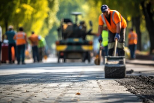 Road Construction Workers, Construction Site is Laying New Asphalt Road Pavement, Generative AI Illustration