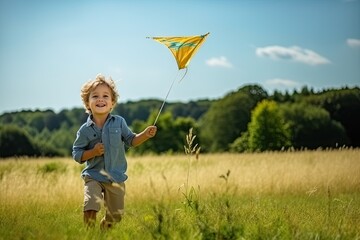 Happy Child with a Kite, Kid Running on Sunny Meadow, Summer Outdoor in Nature, Generative AI Illustration