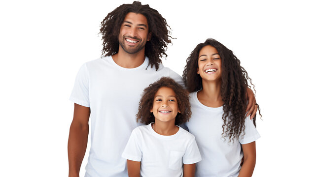 family with different ethnicalls wearing white shirts smiling standing isolated against transparent background