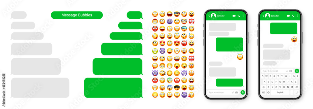 Fototapete smartphone messaging app, user interface design with emoji. sms text frame. chat screen with green m