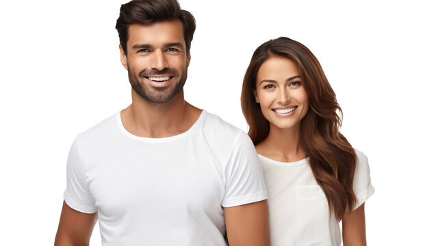 caucasion couple wearing white shirts smiling standing isolated against transparent background