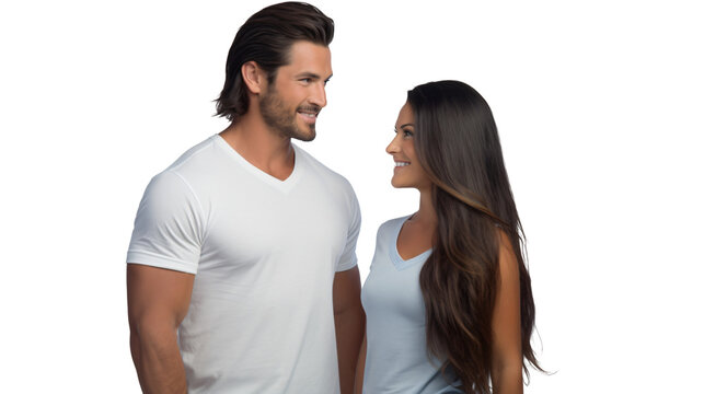 caucasion couple wearing white shirts smiling standing isolated against transparent background