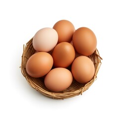 a close up of a basket of eggs on a white surface ,eggs in a basket