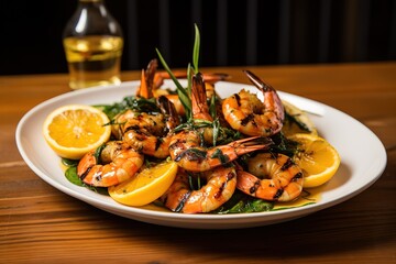 a plate of shrimp and lemon slices on a table, grilled shrimp with lemon