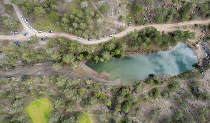 Done aerial image lake in the forest . Nature park in the forest. Troodos Cyprus