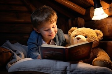 Fototapeta na wymiar Child Reading A Book with Teddy Bear, Magic Childhood, Fairy Tale Dream, Generative AI Illustration