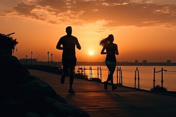Obraz premium Couple Runners Silhouette, Athlete Running in Morning Dusk at Coast, Generative AI Illustration