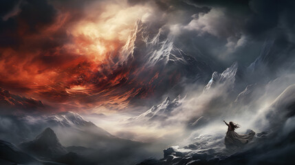 there is a man standing on a mountain with a large wave Generative AI