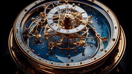 there is a gold clock with a blue face and a gold clock face Generative AI