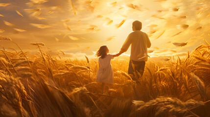 there is a man and a little girl walking through a field of wheat Generative AI - obrazy, fototapety, plakaty