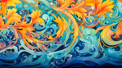 brightly colored painting of a sea with waves and fish Generative AI