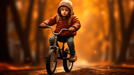 Boy driving a bike in autumn