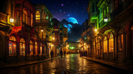 Fototapeta na wymiar nighttime scene of a street with a full moon and a street light Generative AI